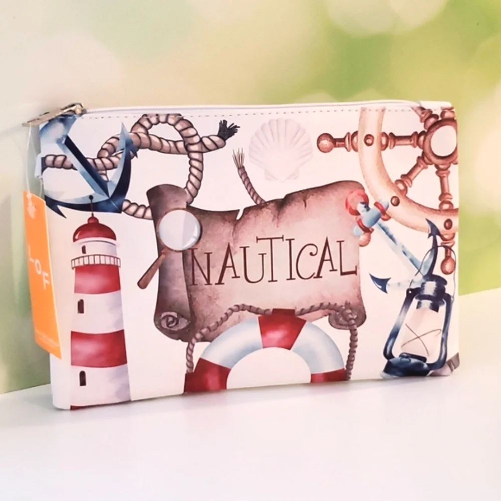 Nautical themed make up, clutch, carry pouch•Sea & ship grahics•NWT